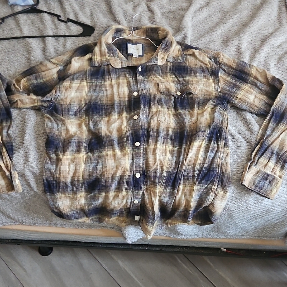 Men's Blue and Tan Plaid Shirt